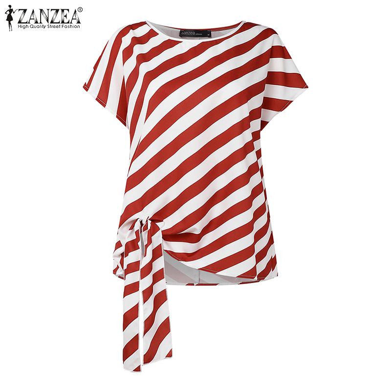 ZANZEA Damen Lässig Rundhals Kurzarm Schnürung Streifen Bluse