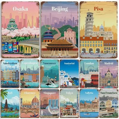 Amsterdam London Iceland Bali Travel Poster Metal Aluminum Sign Plaque Retro Plates For Club Man Cave Bar Hotel Cafe Wall Dec