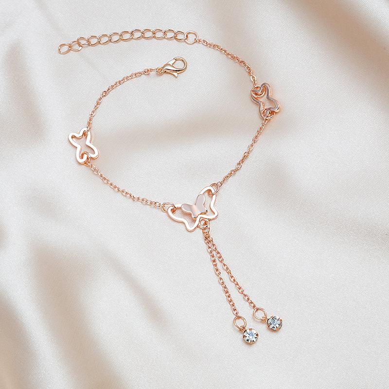 

Korean Butterfly Tassel Anklet with Rhinestones, Rose Gold Mori Style
