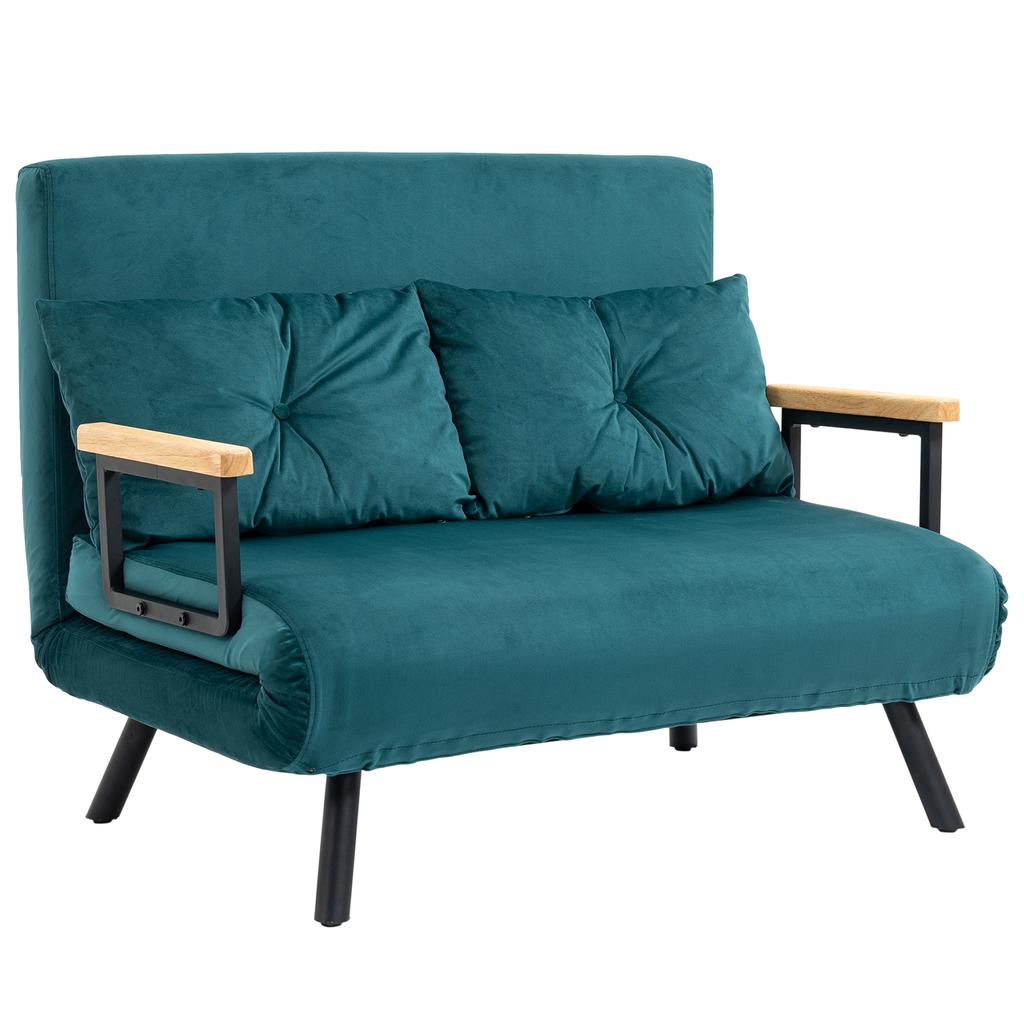 2-Seater Convertible Sofa with Backrest Adjustable to 5 Levels and 2 Padded Cushions, Velvet Upholstery, Duck Green