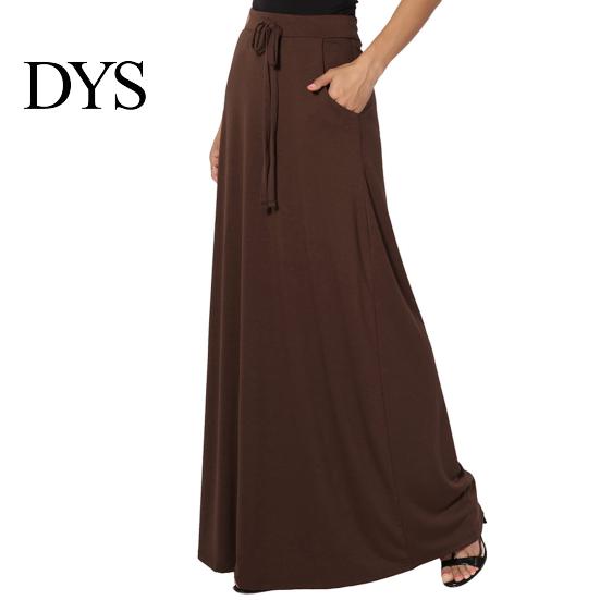 Long Skirt Women Maxi Adjustable Drawstring High-Waisted Solid Color Casual with Pockets Work