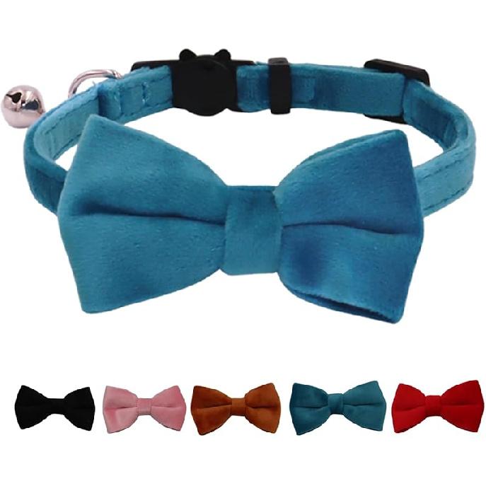 Cat Collar Breakaway with Bell and Removable Bow Tie Safety Buckle Velvet Adjustable 7-11 inches for Kitten Cats (Red)