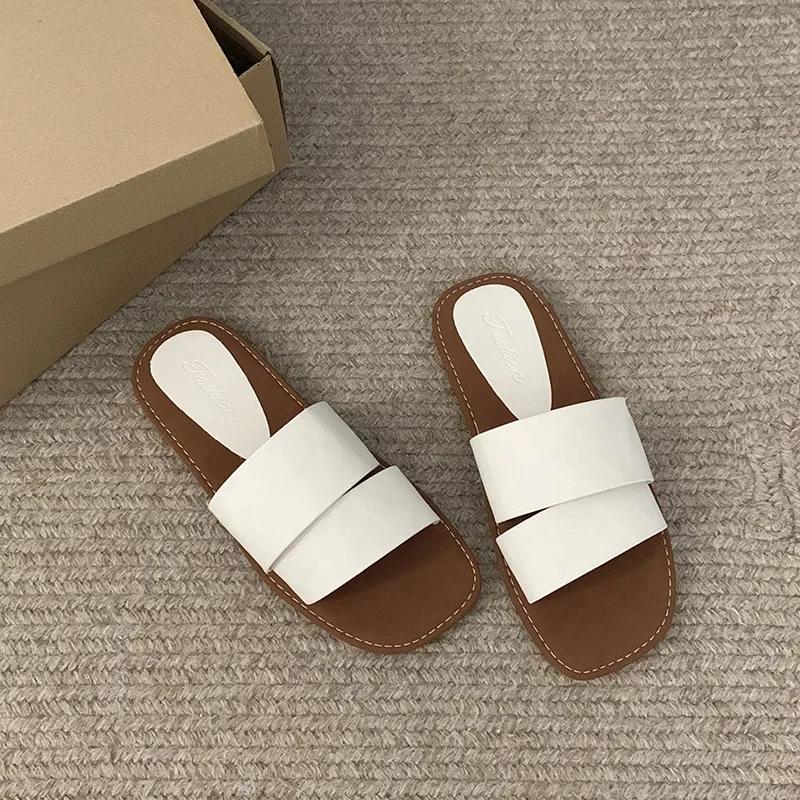 Summer Flat Slippers for Women Color Blocking Flip Flops Flats 2025 New Indoor Homewear Slides Women Square Toe Sandal Shoes