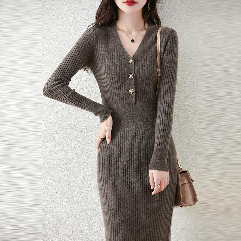 Dame Genser Kjole 100 % Ull MODERN NEW SAGA V-hals Strikk Lang Pullover Vintergensere Ull Lang Kjole Dame