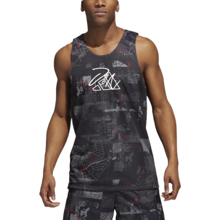 Adidas Geometric Pattern Logo Print Straight-Leg Sports Tank Top Men Tops Black HE6377