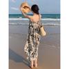 Women's Chinese Floral Ink Wash V-neck Spaghetti Strap Dress - Summer 2025 French Casual Holiday Style