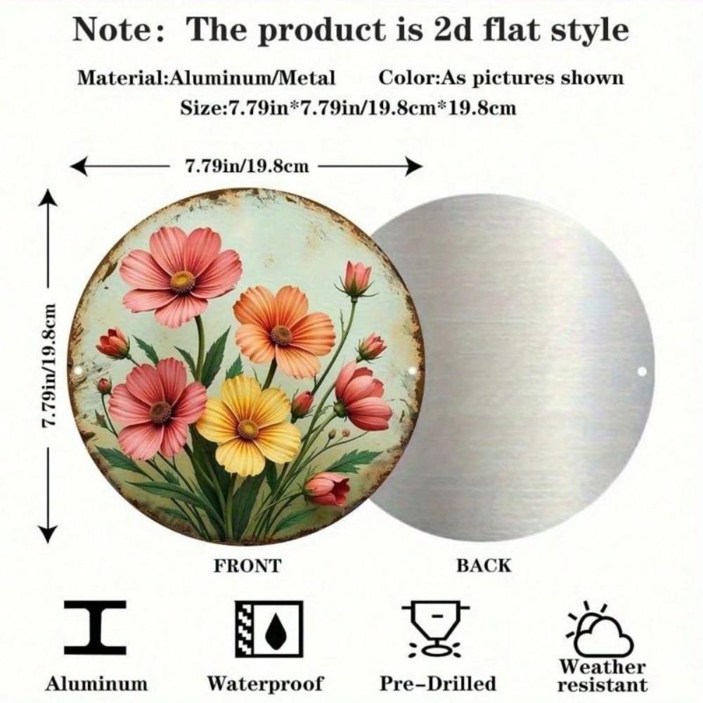 Vintage Round Metal Wall Art Sunflower and Morning Glory Pastel Tones Decor for Bedroom Living Room