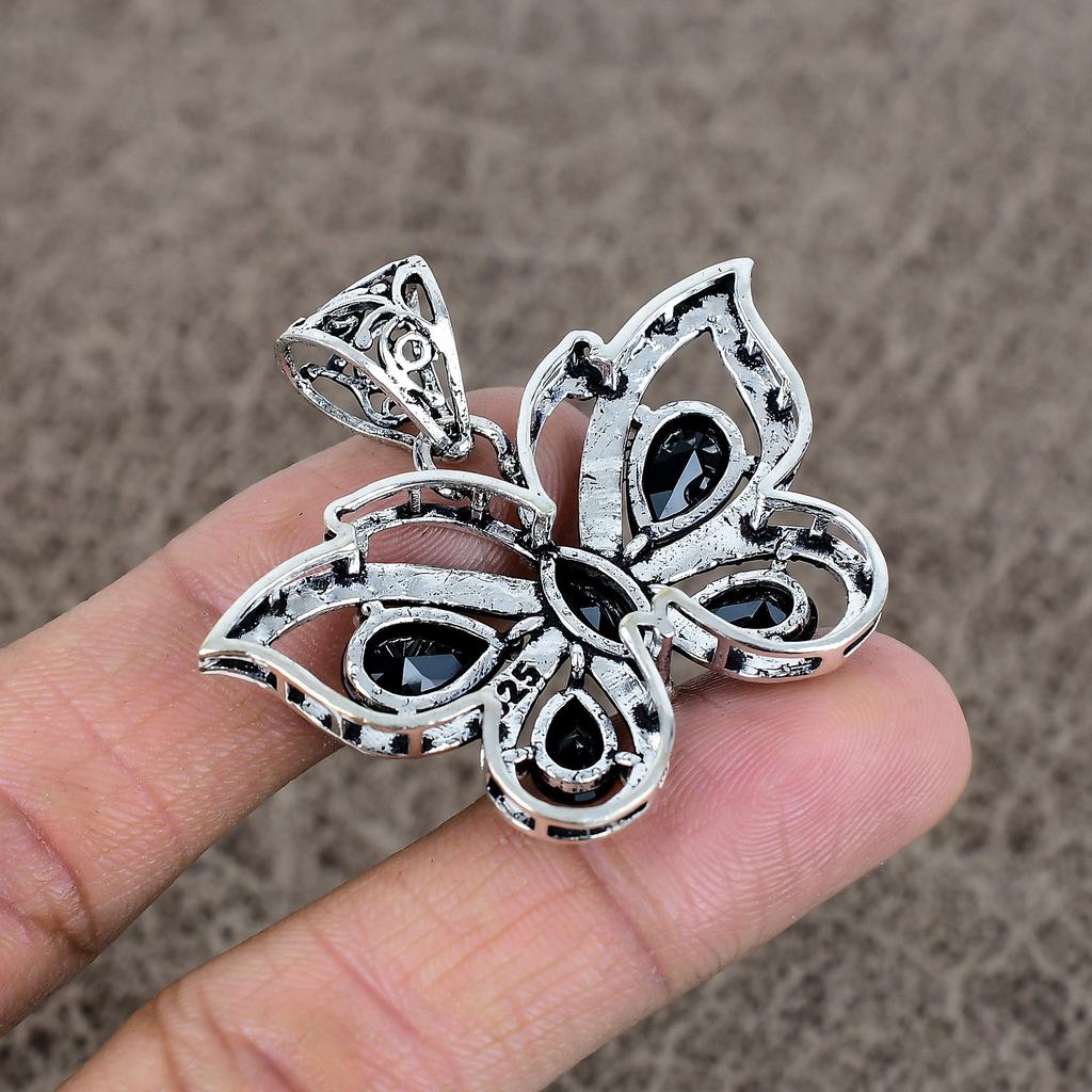 Black Spinel Gemstone Handmade 925 Sterling Silver Jewelry Pendant 1.65" KKG-3