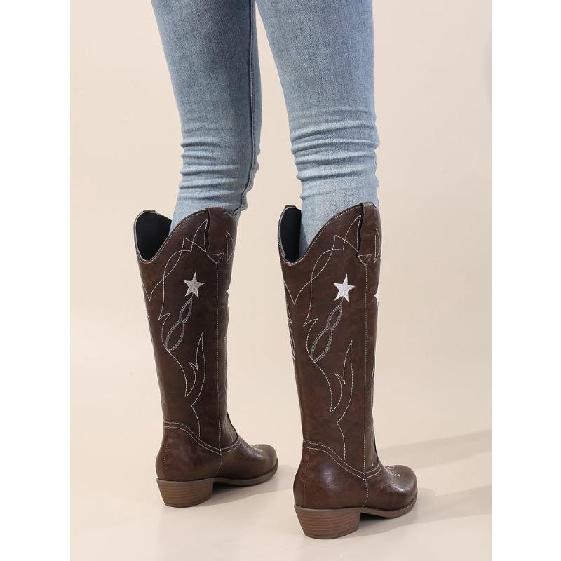 Foreign Trade Large Size Star Totem Embroidered High Leather Boots Women's European and American Style Sewing Thread Pointed Thick Heel Western Boots