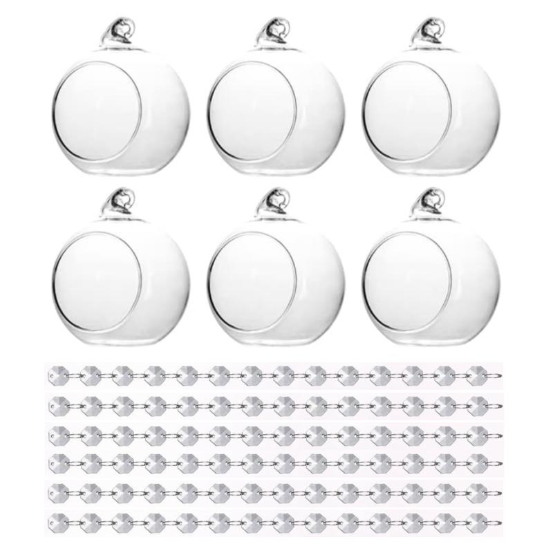 

6/8cm Hanging Glass Tealight Holder Globe With Acrylic Gems Bead Garland Strands Home Decor Indoor Outdoor Garden 6cm