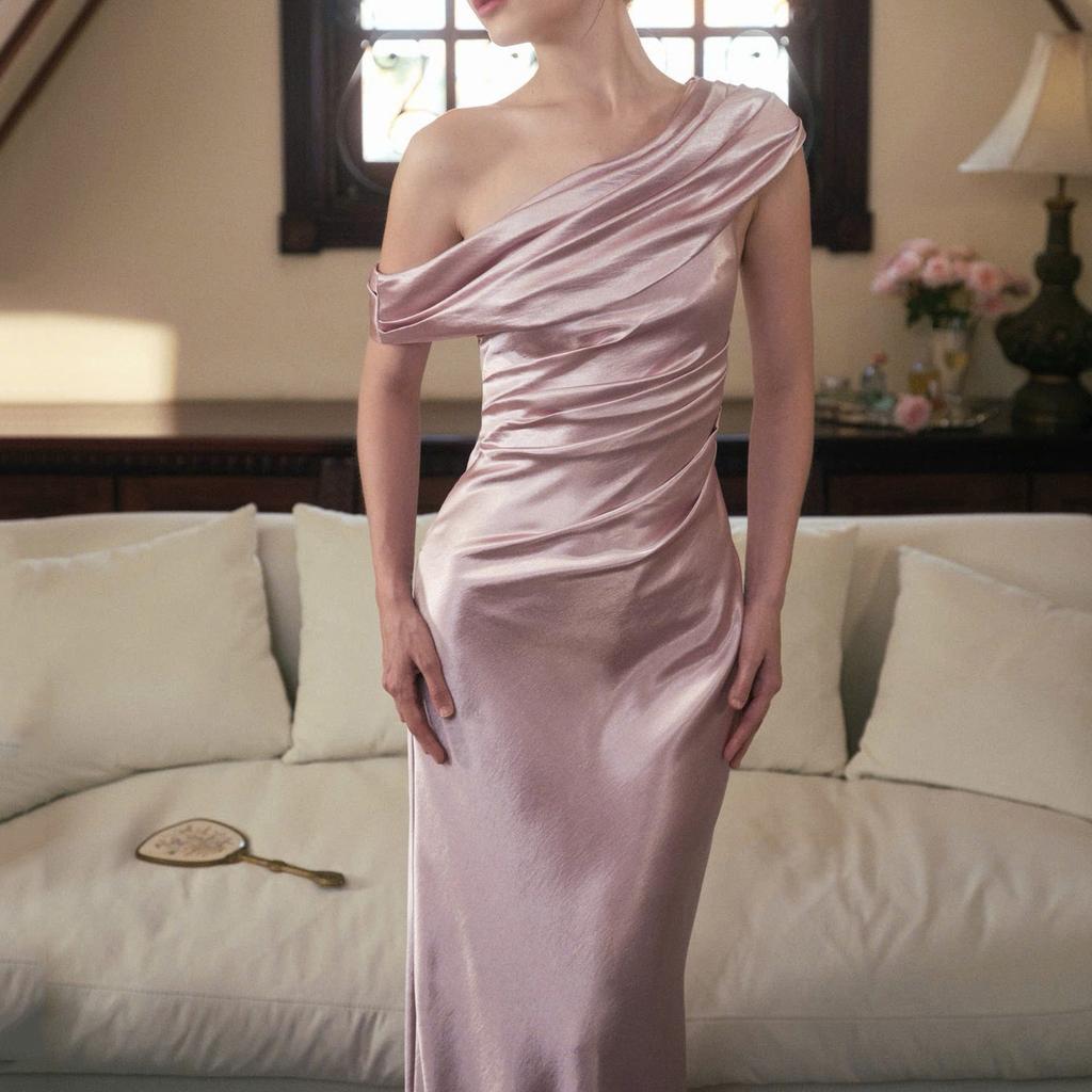French high-end one-word slanted shoulder hip-wrapped long dress pendant satin slim-fitting fishtail dress banquet dress dress dress