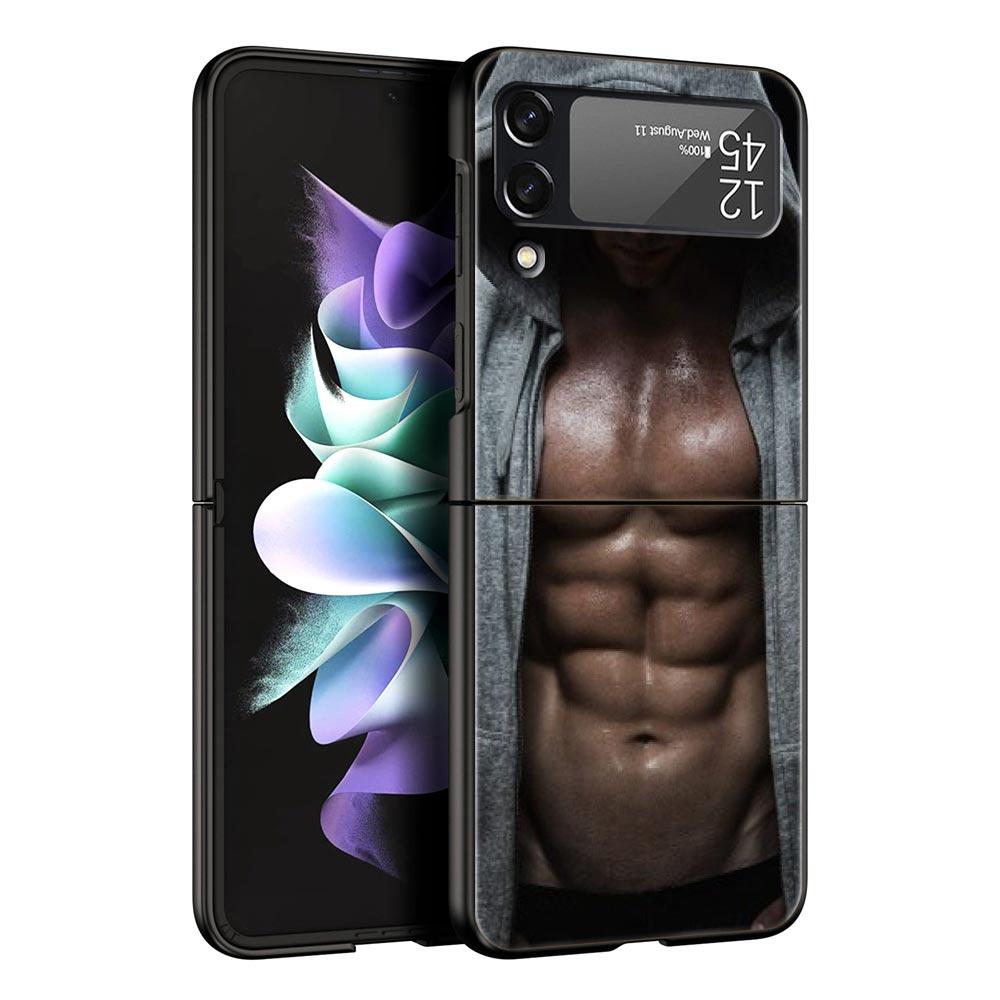 Hard PC Phone Case For Samsung Galaxy Z Flip 7 6 5 4 Black Cover For Galaxy Z Flip 3 Foldable Shockproof Male Abdominal Muscle