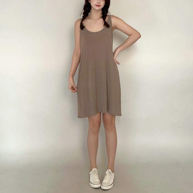 Modal Spaghetti Strap Dress Summer Sexy Sleeveless Tank Dress Solid Color Casual Camisole Dresses Mid-length Soft Sleepdress Basic Slipdress