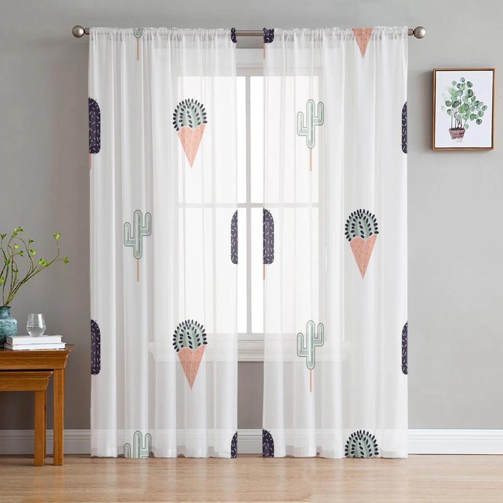 Cartoon Food Ice Cream Cup Sheer Window Curtains for Living Room Bedroom Kitchen Room Chiffon Tulle Curtains Panel