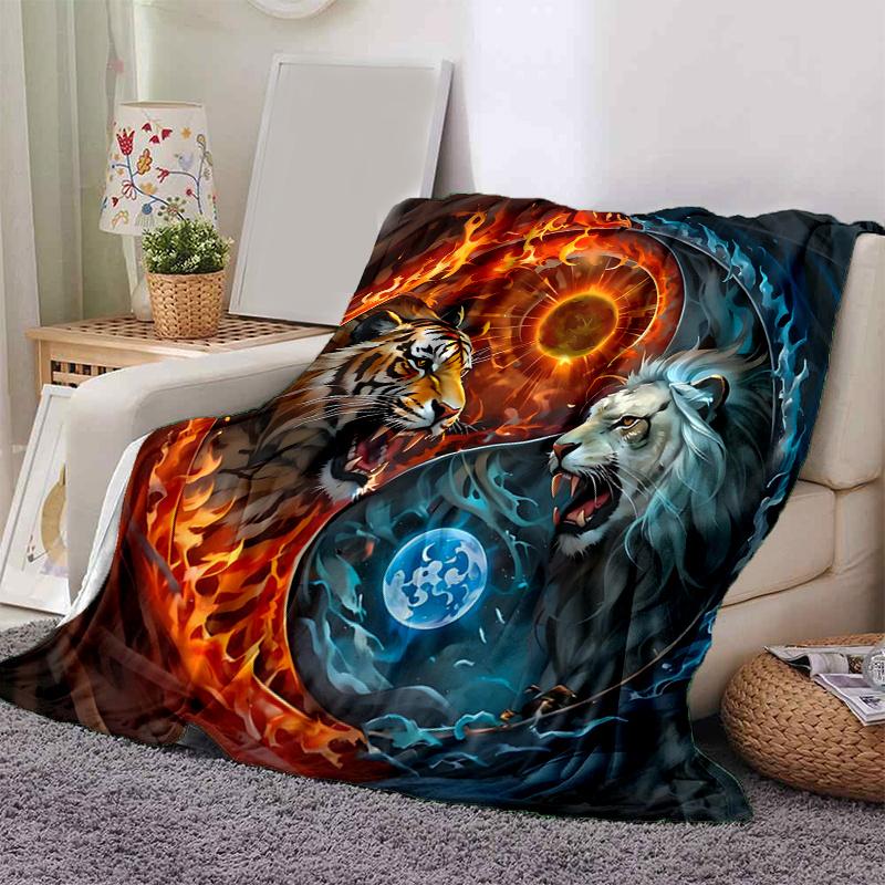 1pc Tiger Yin Yang of Fire and Ice Blanket, Soft Throw Blankets for Bed Couch Sofa, Warm Cozy Home Decor Gift .K093