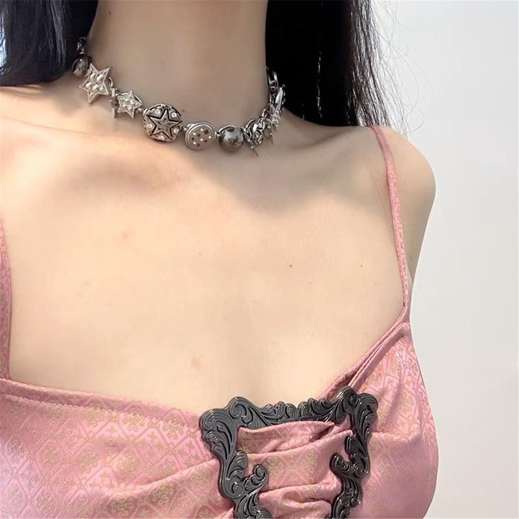 Tooxika Punk Hip Hop Personalised Design Multi-Element Button Pentagram Star Necklace Sweet Cool Hottie Choker Collarbone Chain