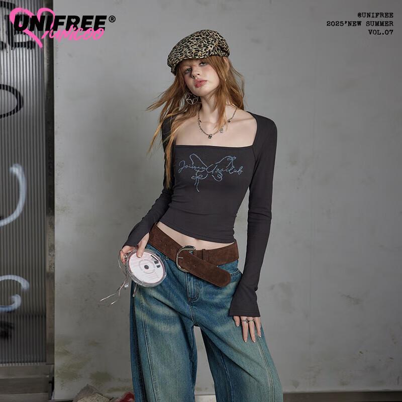 UNIFREE Retro Print Slim-fit U-neck Long Sleeve T-shirt L