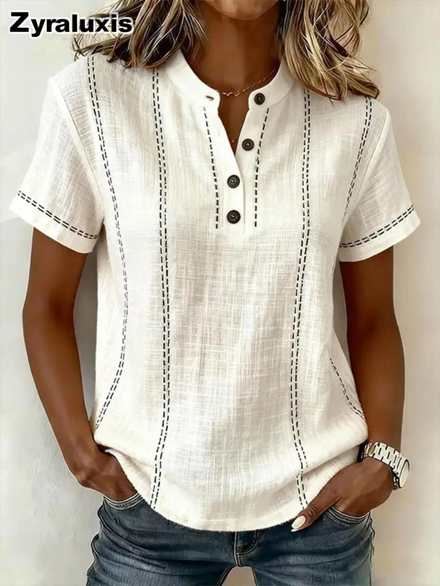 Summer Loose Casual Printed Button-Down Short Sleeve Women s Shirt S белый