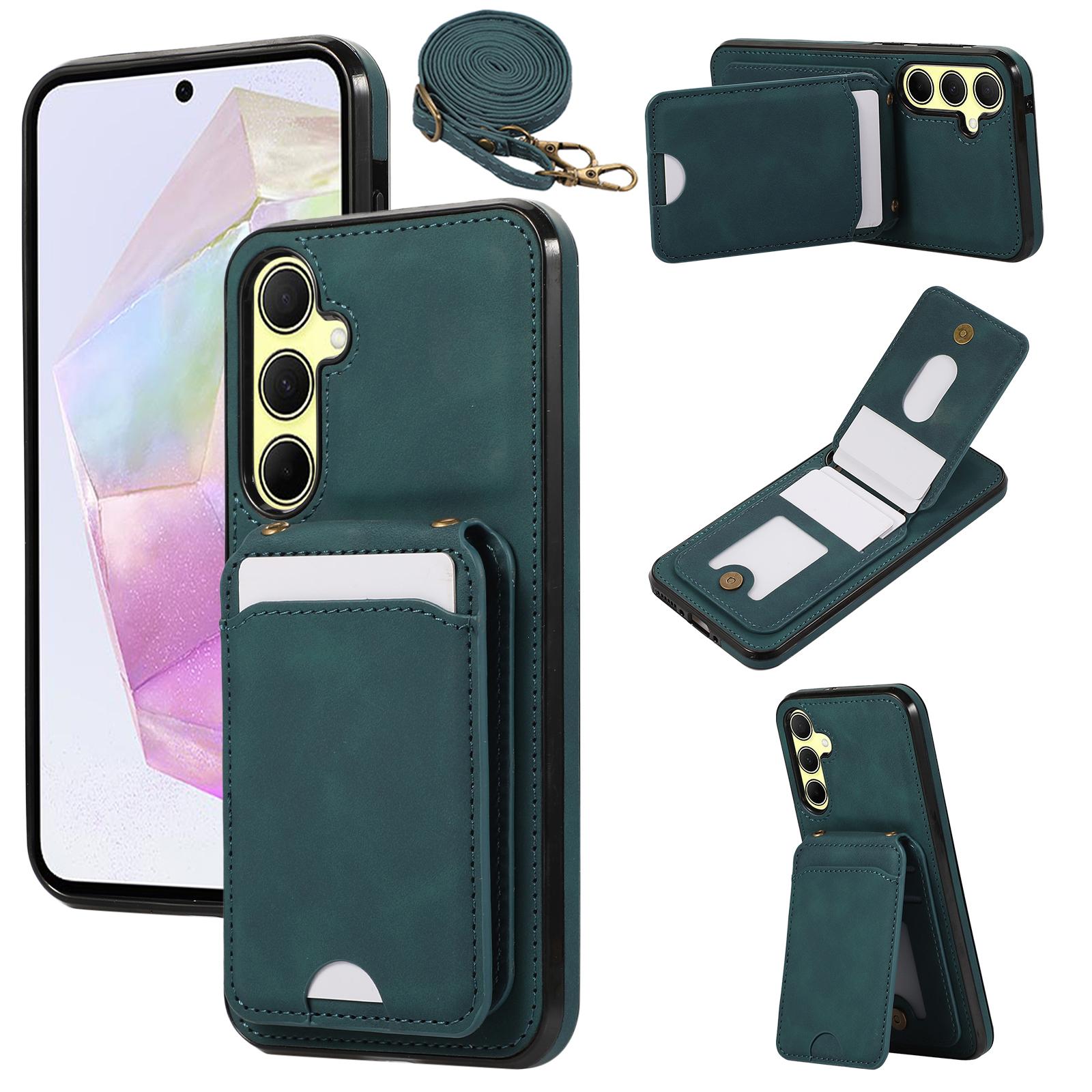 

Для Samsung Galaxy S25/S24 Чехол Держатель для карт Подставка Кожа+ТПУ Чехол для телефона с плечевым ремнем Green