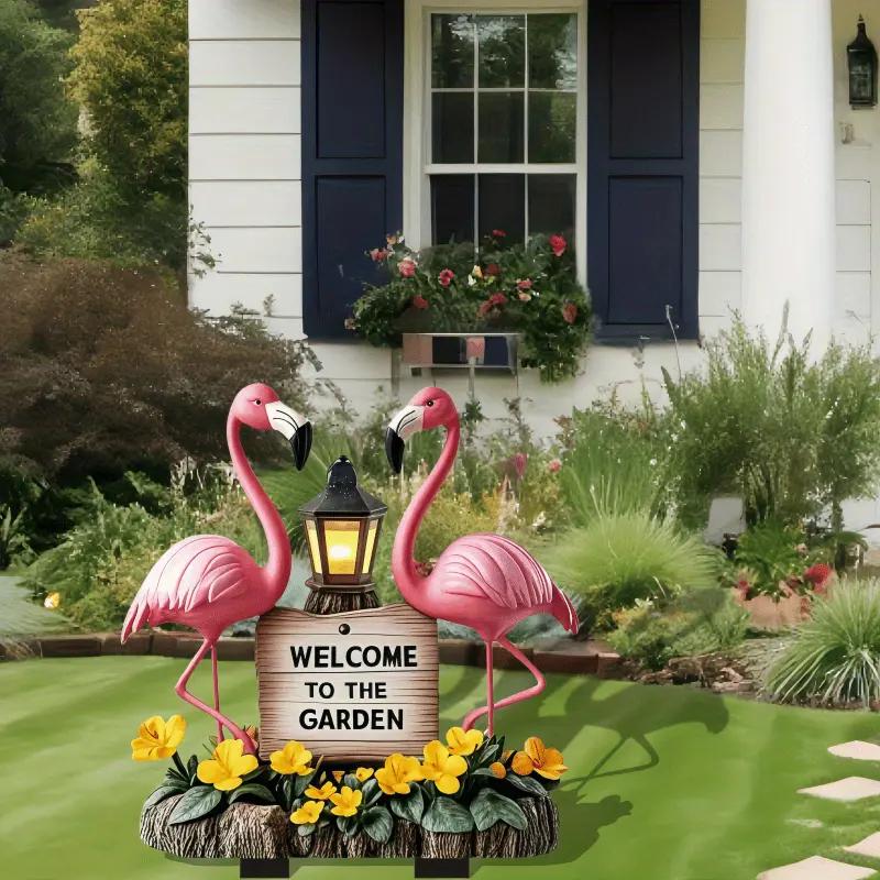 Flamingo Welcome Plaque - Garden Decoration with Lanterns and Flowers, Gift for Easter and Mother's Day Outdoor Decoration Use
