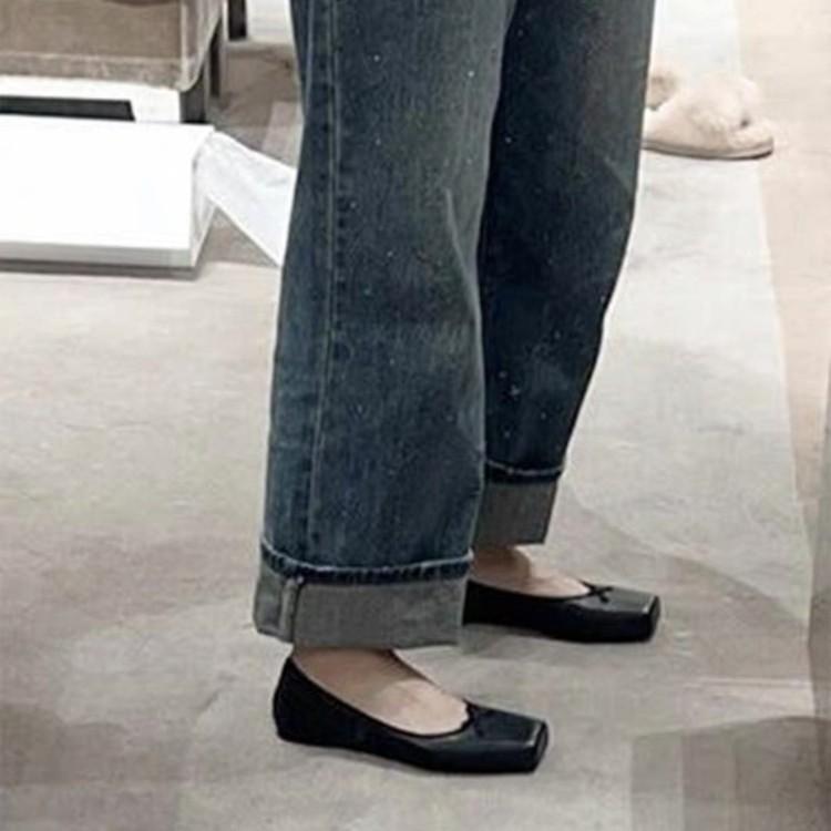 Sheepskin version~ 2025 new Korean version square head pig nose bow shallow mouth French Mary Jane single shoes women's flat bottom