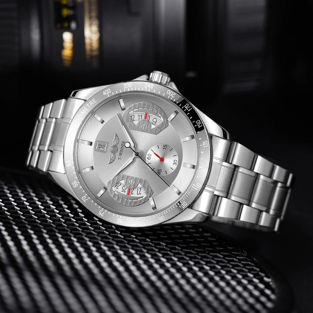 WINNER Sports Gold Automatic Watch for Men Date Display Luminous Hands Stainless Steel Strap Top Brand Luxury Mechanical Watches