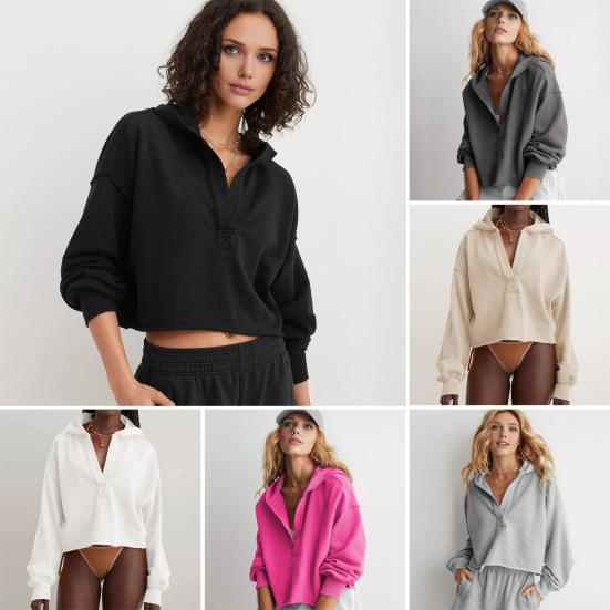 Women's Cropped Sweatshirt Loose Long Sleeve V Neck Hoodies Casual Hooded Pullover Crop Workout Top