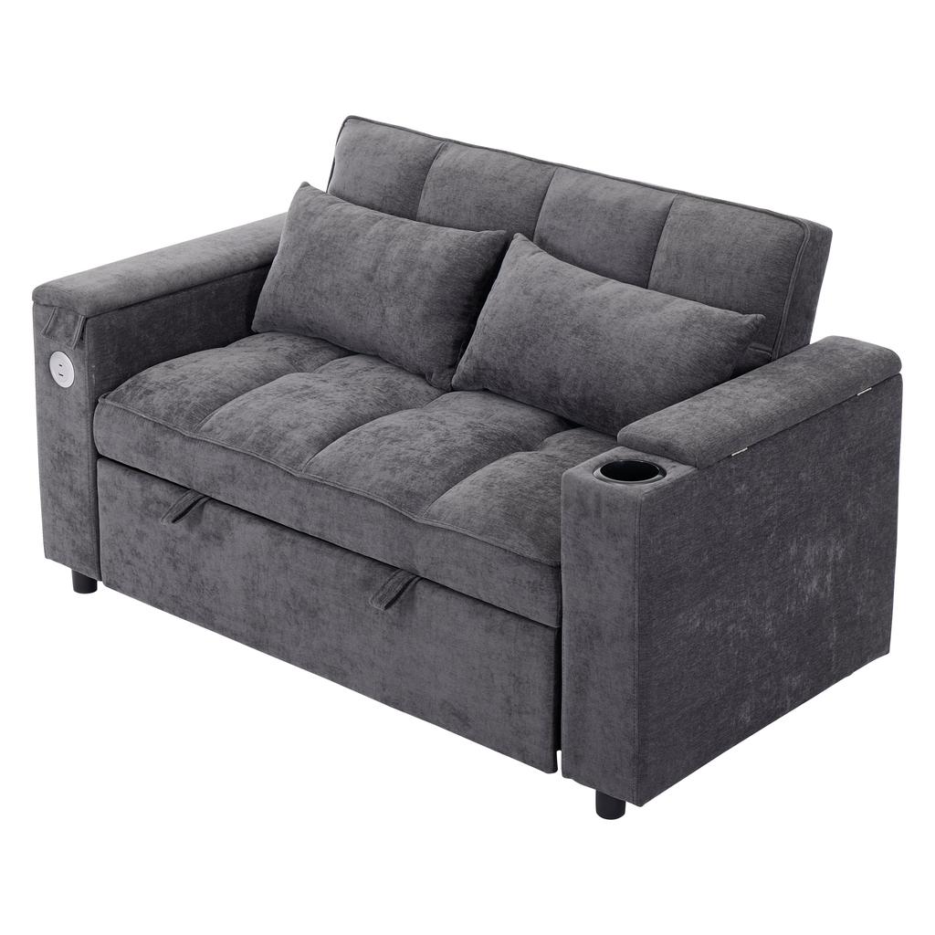N625P352301302303G) Sleeper Sofa 3-in-1 Pull-out Sofa, Adjustable Backrest, USB Port, 2-Seater Sofa Daybed, with Hidden Table, Cup Holder, Grey