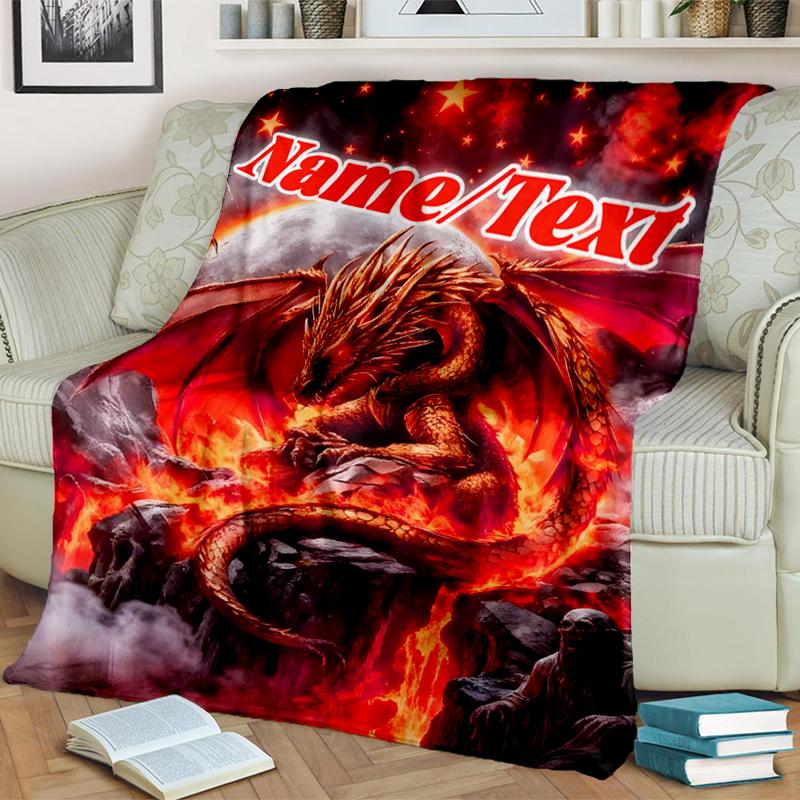 1PC Custom Name Dragon Fire Fantasy Art Outdooor Flannel Blankets Throw Blanket All-Season Throw Gift Bedspread for Couch, Bed, Camping Holiday Birthd