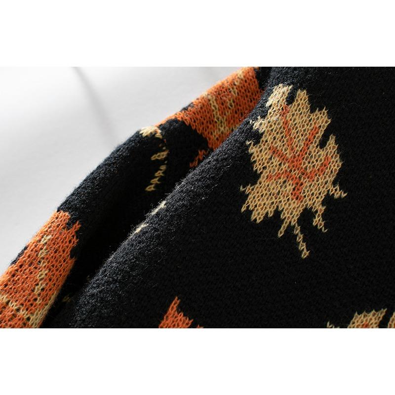 Damen S Locker Sitzend Langarm Rundhals Ahornblatt Jacquard Strickpullover