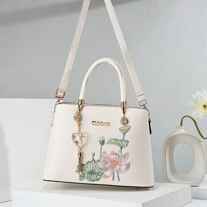 Women Embroidery Lotus Pattern Shoulder Bag Large Capacity Tote Handbag