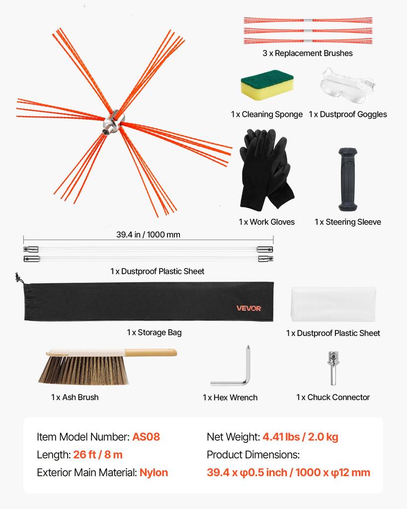 VEVOR Chimney Sweep Kit, 8m Maximum Extendable Length Chimney Brush, Chimneys Cleaning Kit with Bristle Replacements & Goggles