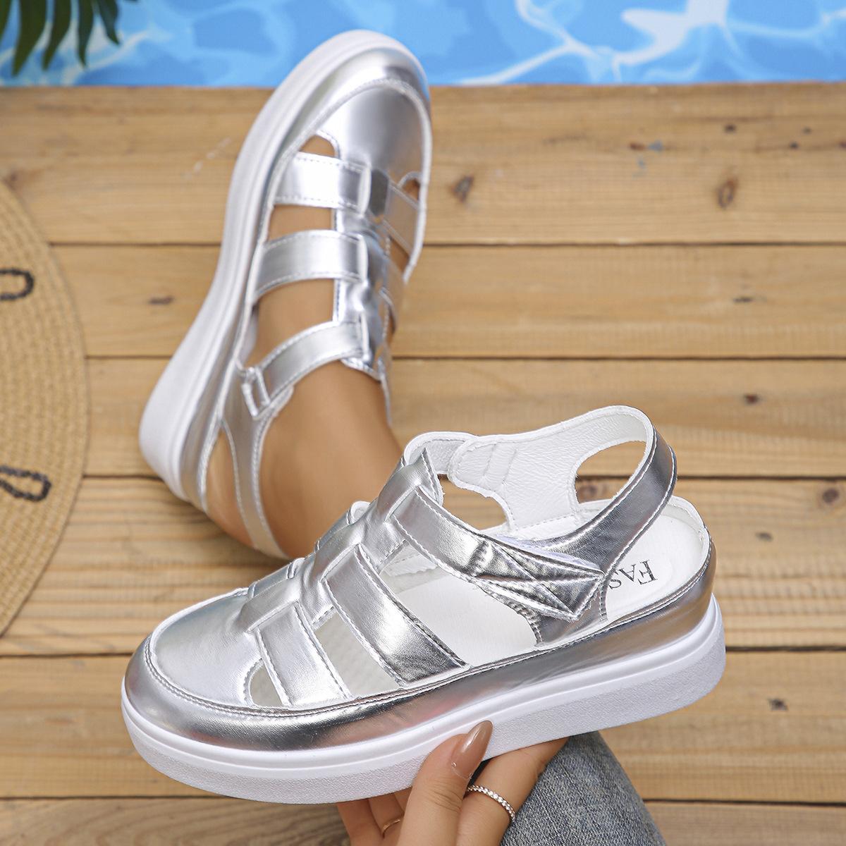 

2024 лето новые римские повседневные классные туфли baotou импортные торговые большие размеры толстая подошва липучки пляжные сандалии женские 35 серебряный