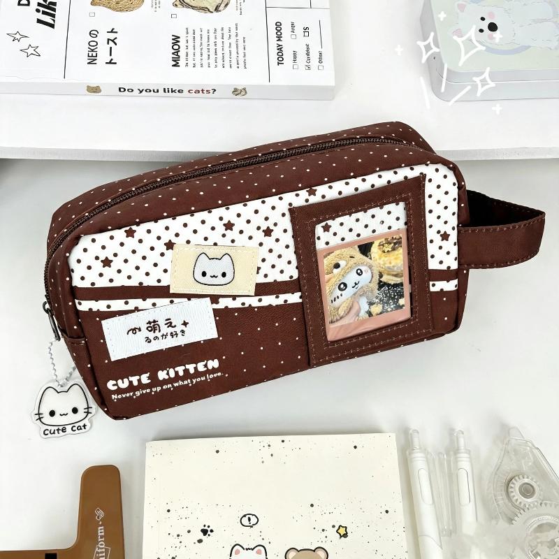 Portable Large Capacity Pencil Case Blue Polka Dot Cute Cat Print Stationery Organizer for Students Travel Use