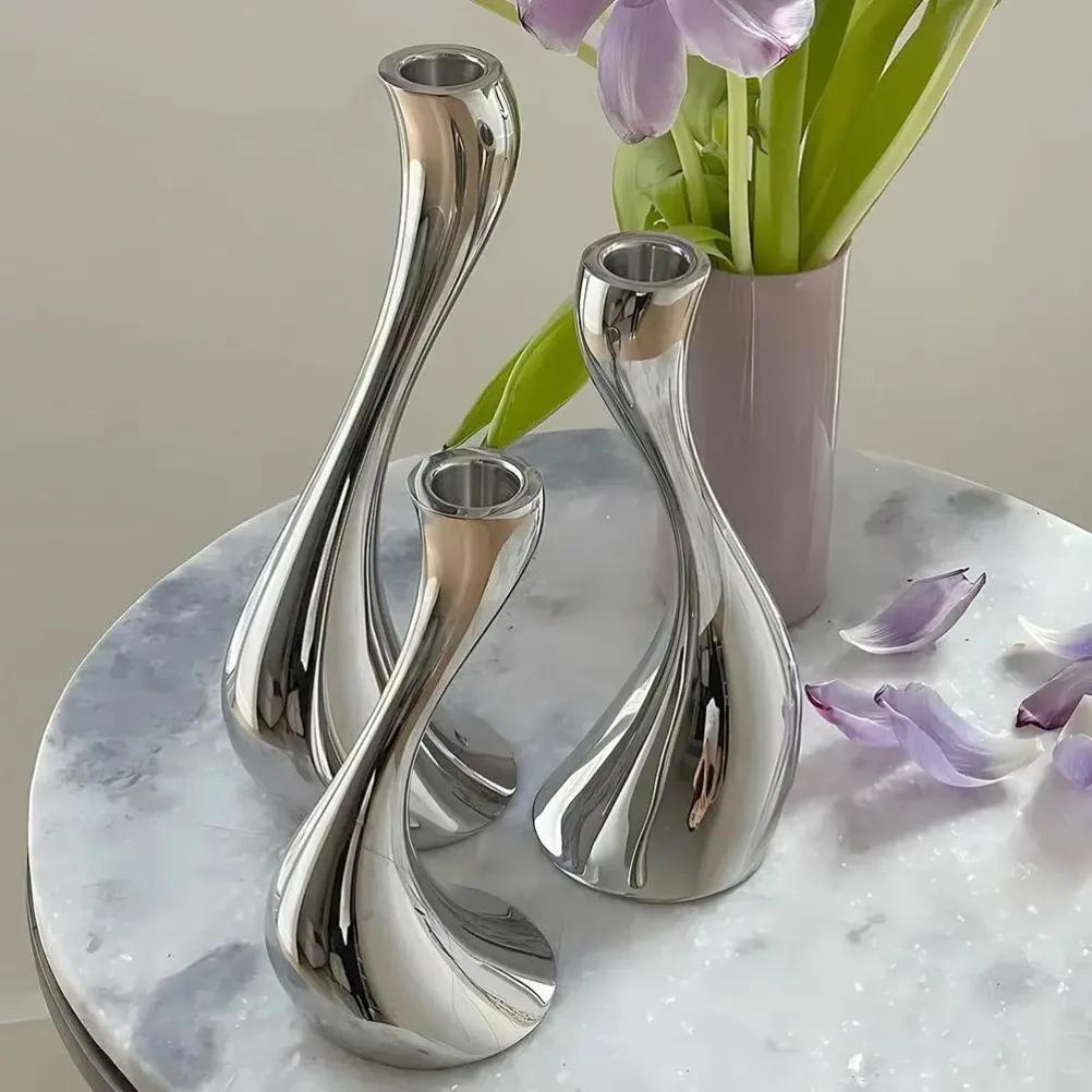 Stainless Steel Swan Neck Candlestick Silver Metal Curve Handicraft Candle Holder Wedding Dining Table Home Decoration