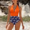 Women'S V Neck Printed Swimwears Backless Patchwork Pleated Sexy Blue Floral Bikini Sexy Women Tight Beach Bathing Swimsuits