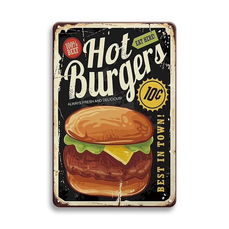 Hot Dog Fresh Hamburgers Metal Tin Signs BBQ Vintage Posters Home Kitchen Wall Decor Iron Plate Painting Fast Food Shop Plaques