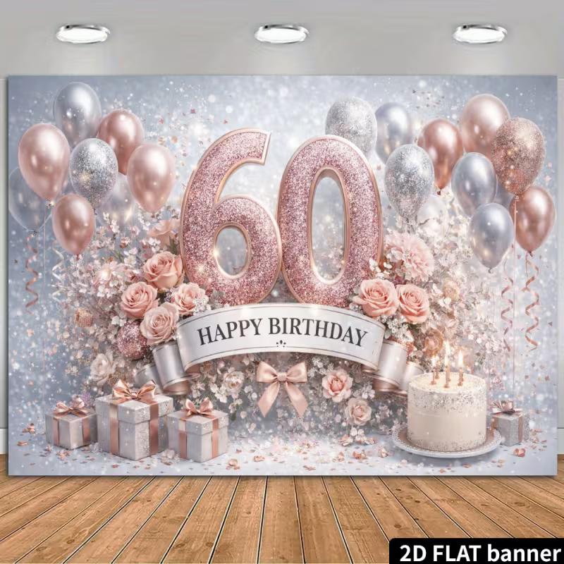 

2D Rose Gold 60th Happy Birthday Backdrop for Milestone Party Background 47.2x31.5inch/120*80cm