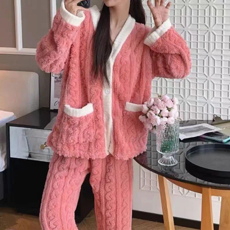 

2pcs/Set Autumn and Winter Pajamas Women Thickened Padded Warm Students Coral Girls Clot Velvet Suit Homewear Cardigan Trousers One Size