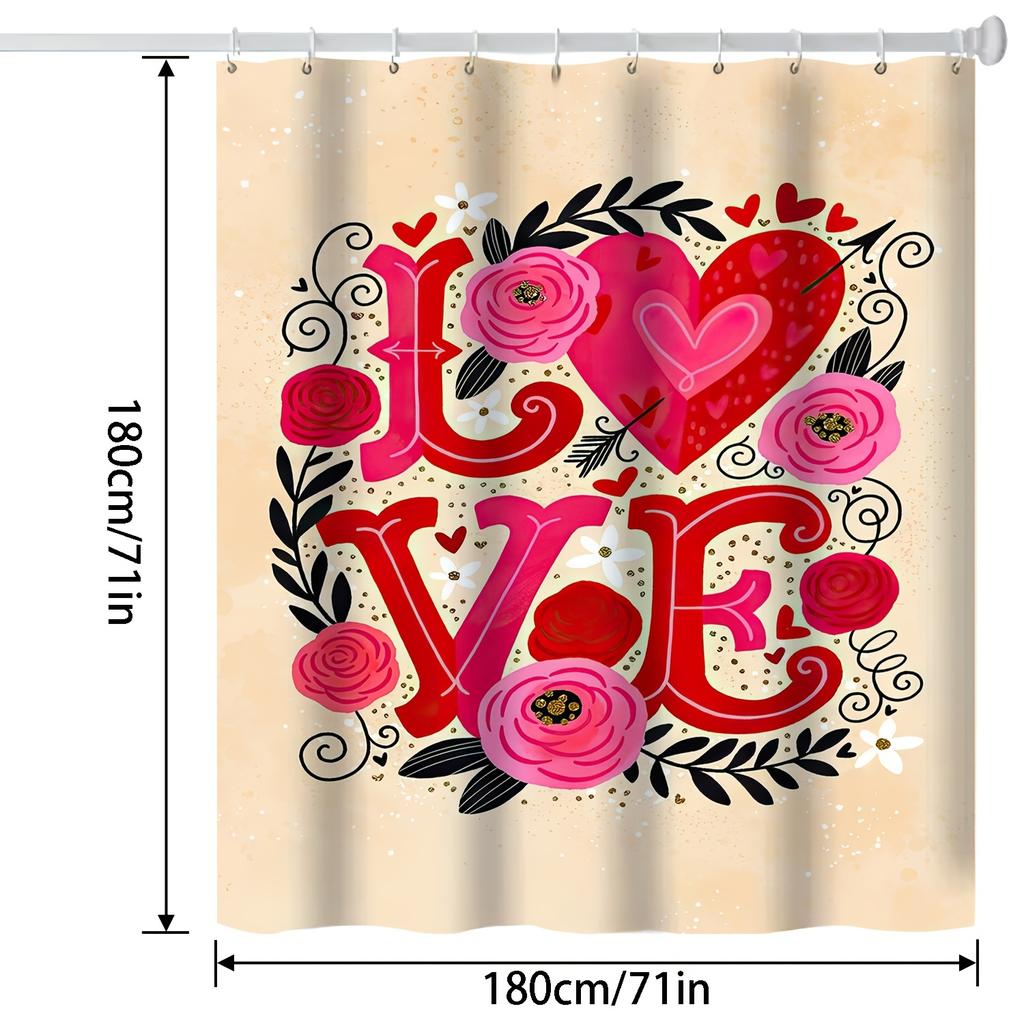 1pc Valentine's Day Shower Curtain with "LOVE" Design, Polyester Bathroom Decor with Heart and Rose Patterns, Machine Washable,