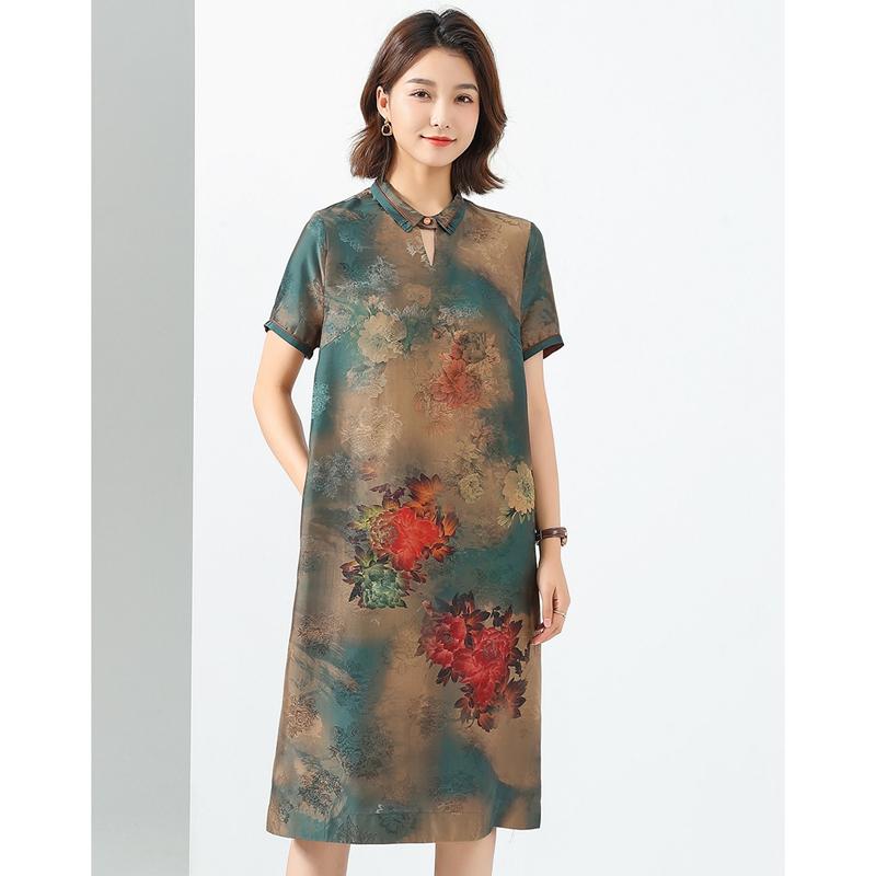 Mulberry Silk and Genuine Silk 100% Non Incense Cloud Yarn Shirt Collar Short Sleeve Peony Flower Retro Women's Dress