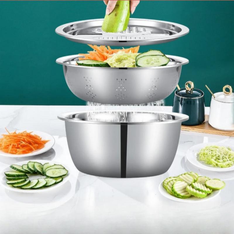 3PCS/Set Vegetable Slicer, Stainless Steel Slicer, Potato Slicer, Vegetable Washing Basin, Drain Basket, Multifunctional