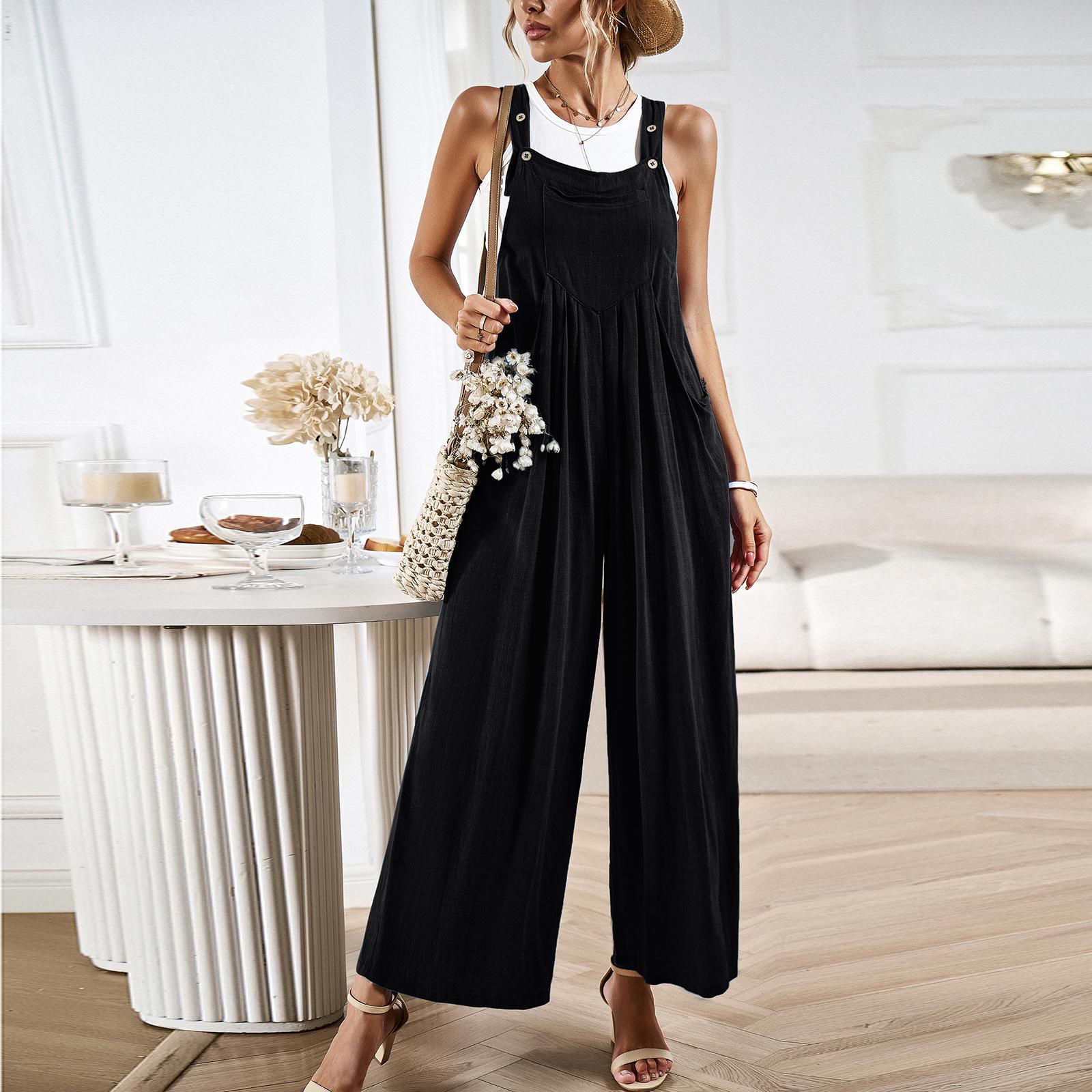 

Women s Solid Color Overalls Summer Loose Wide-leg Jumpsuits S чорний