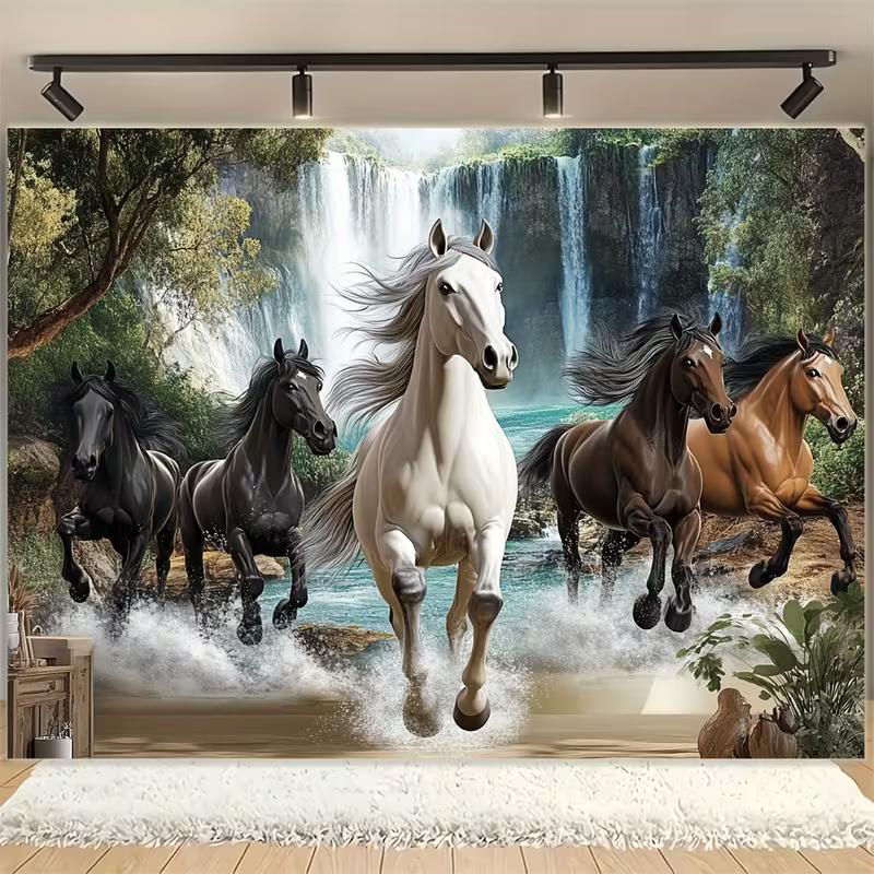 2D Galloping Horses Waterfall Tapestry Nature Landscape Backdrop Cloth for Bedroom