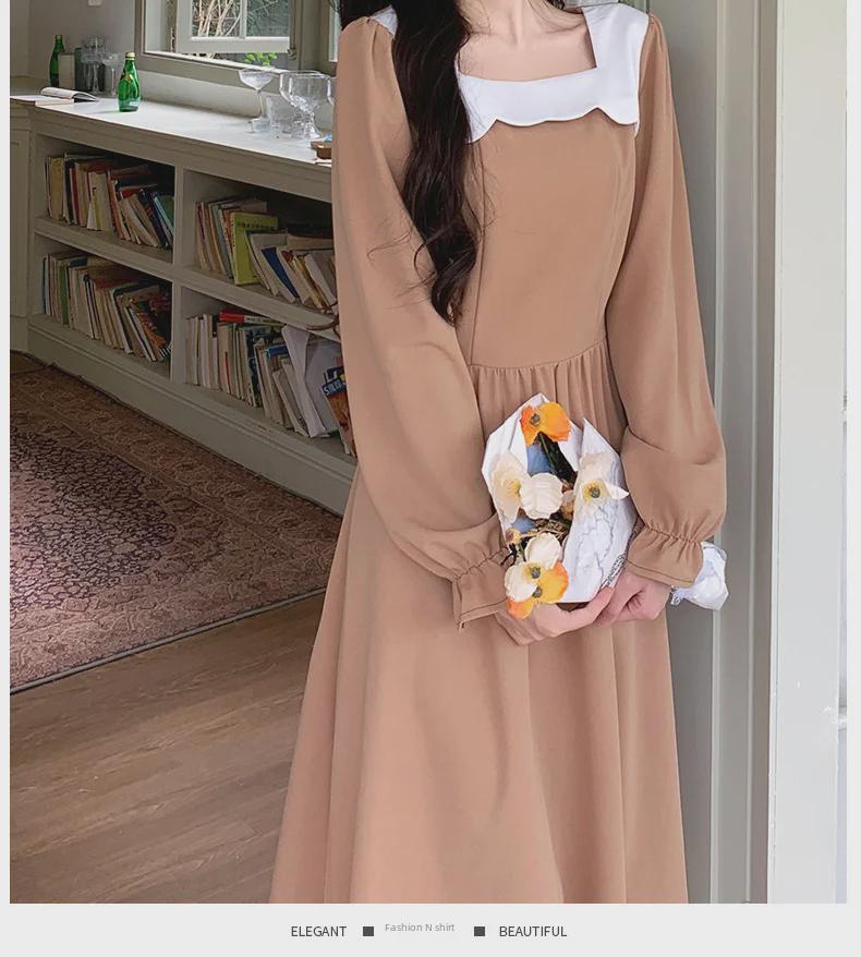 Women's 2024 Spring/Autumn French Style Square Collar Splicing Tea-Length Dress