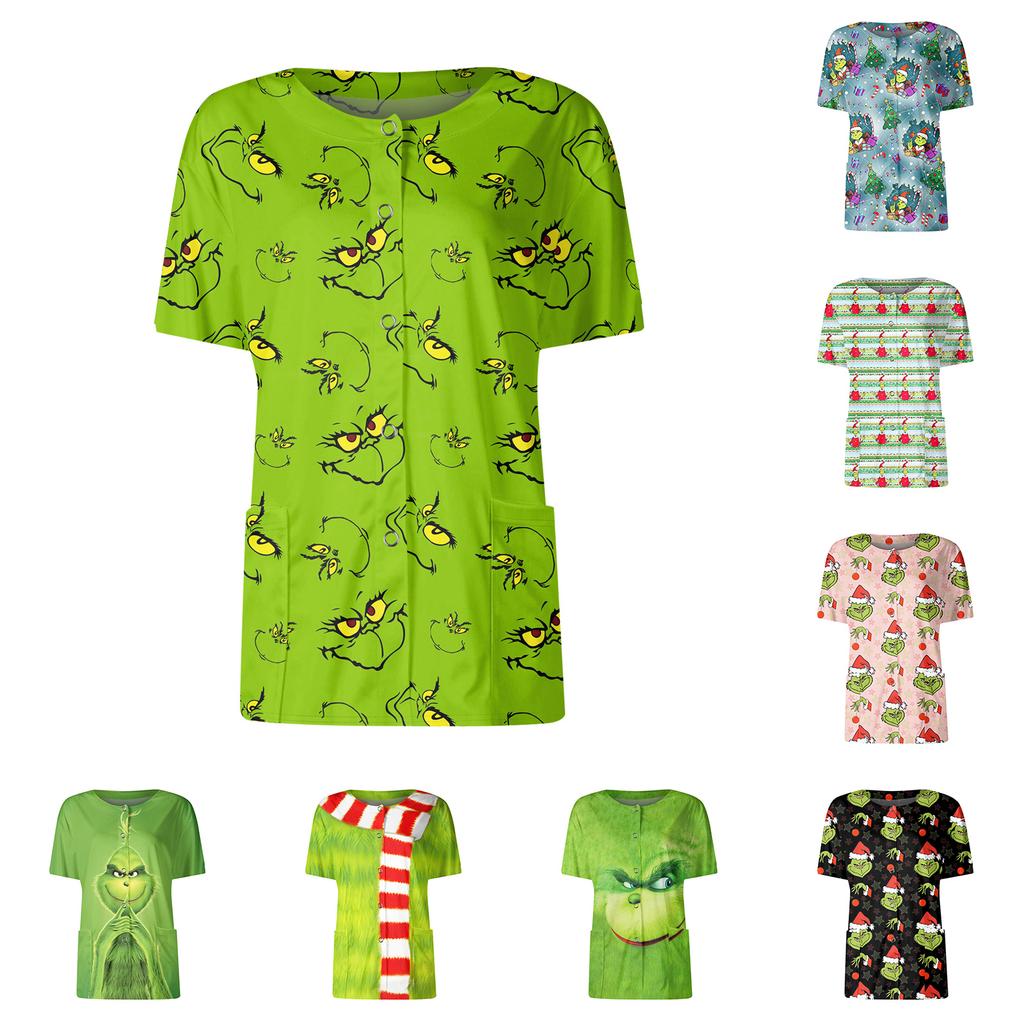 Women's Short Sleeved Patterned Pockets, Work Print Stand Up Collar, Single Breasted Protective Clothing, Cardigan Jacket, Top