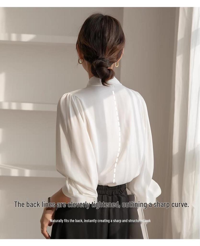 Women's Professional Chiffon Bow Shirt - Long Sleeve White Formal Top for Workplace and Interview