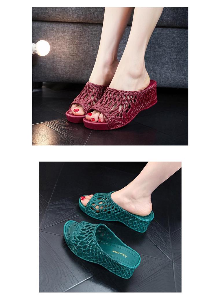 Women's 2025 Fashion High Heel Non-Slip Slippers - Summer Hollow Out, Comfortable, Thick Sole, One-Strap Design for Outdoor Use