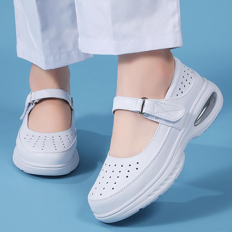 Fashion Leather Air Cushion Nurse Shoes Breathable Women Ladies Thick Soled Shoes Non-Slip White Medical Shoes One-Step Flat