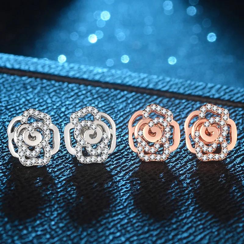Modische 2-farbige Sterling-Silber schimmernde Rose Ohrstecker mit klarem Zirkonia für Damen Geburtstagsgeschenke